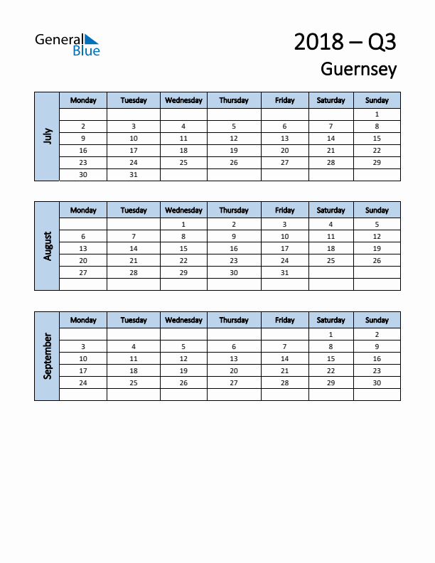 Free Q3 2018 Calendar for Guernsey - Monday Start