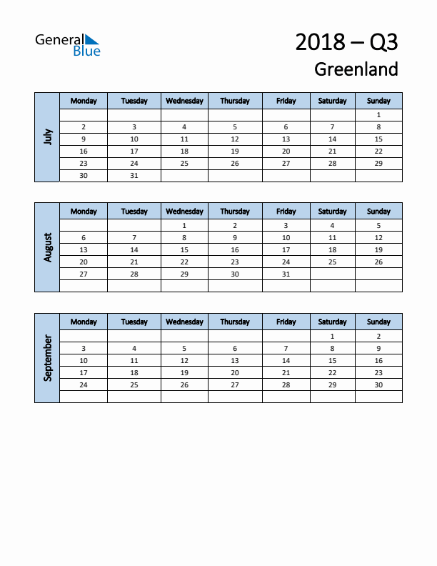 Free Q3 2018 Calendar for Greenland - Monday Start