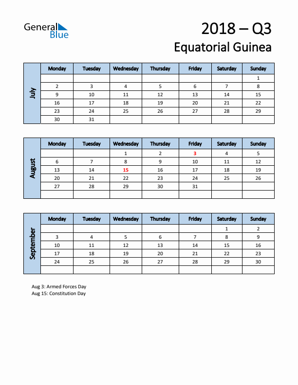 Free Q3 2018 Calendar for Equatorial Guinea - Monday Start