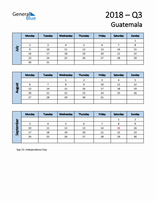 Free Q3 2018 Calendar for Guatemala - Monday Start