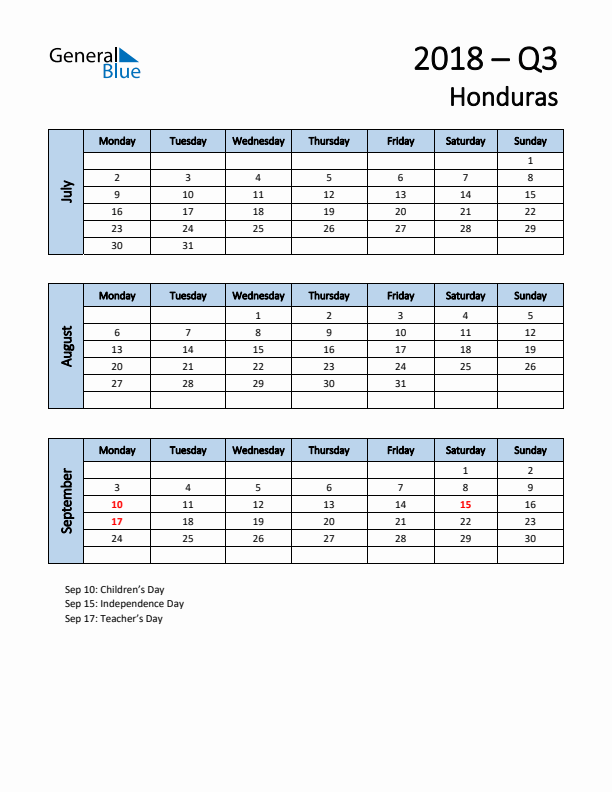 Free Q3 2018 Calendar for Honduras - Monday Start