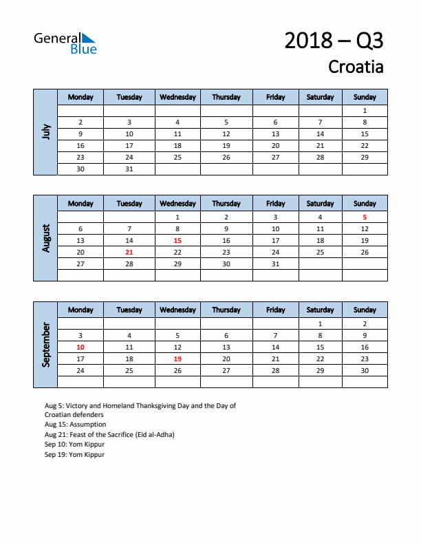 Free Q3 2018 Calendar for Croatia - Monday Start