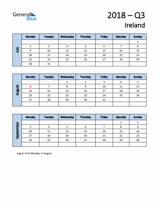 Free Q3 2018 Calendar for Ireland - Monday Start
