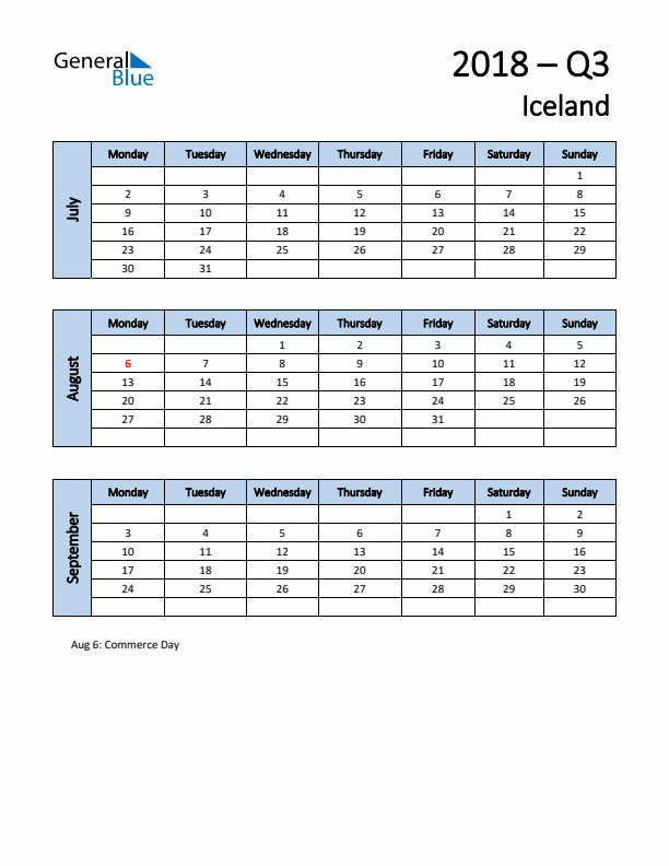 Free Q3 2018 Calendar for Iceland - Monday Start