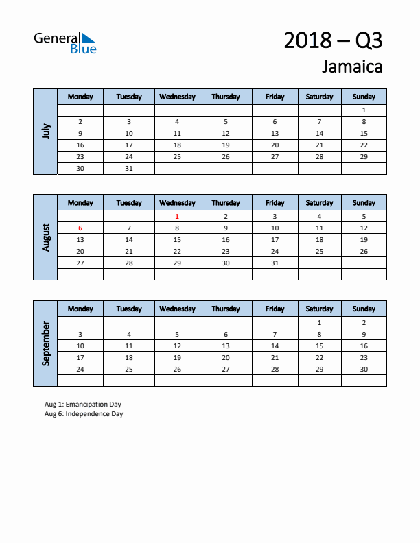 Free Q3 2018 Calendar for Jamaica - Monday Start