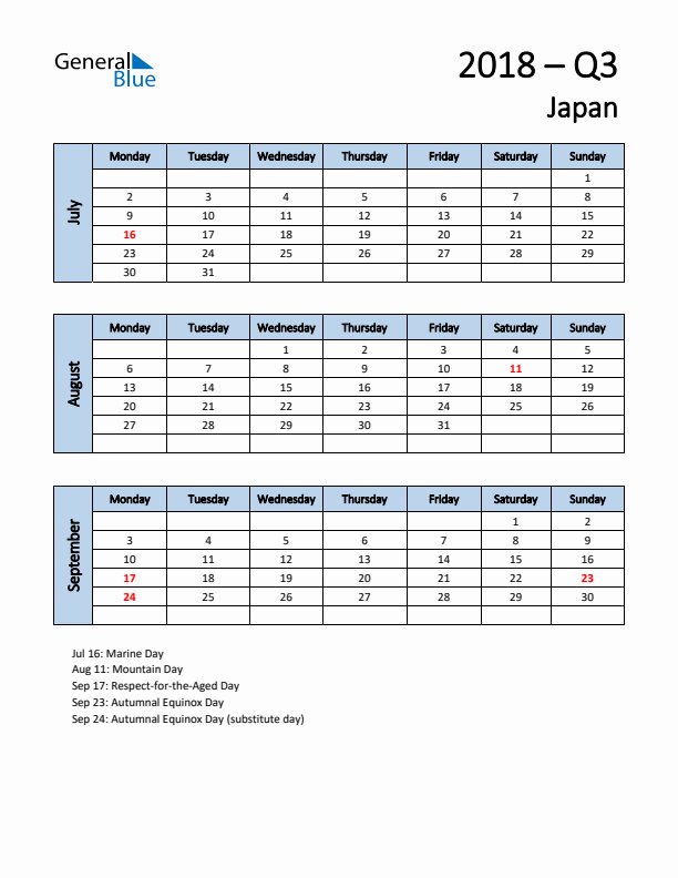 Free Q3 2018 Calendar for Japan - Monday Start