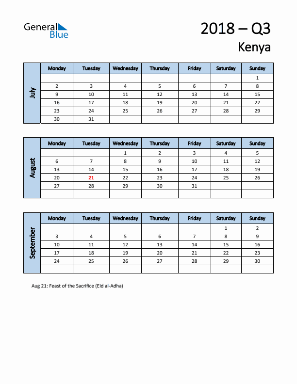 Free Q3 2018 Calendar for Kenya - Monday Start