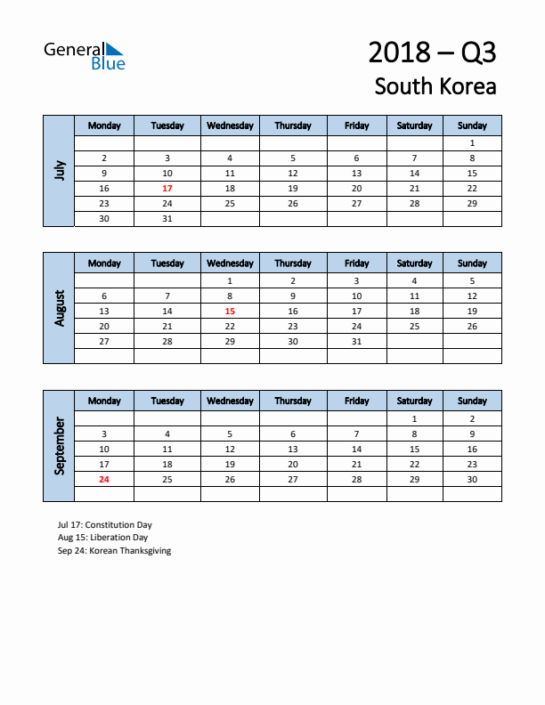 Free Q3 2018 Calendar for South Korea - Monday Start