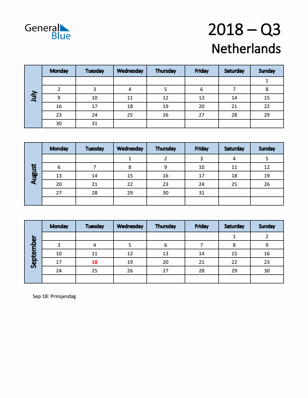 Free Q3 2018 Calendar for The Netherlands - Monday Start