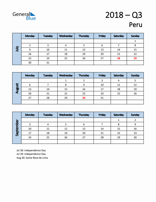 Free Q3 2018 Calendar for Peru - Monday Start