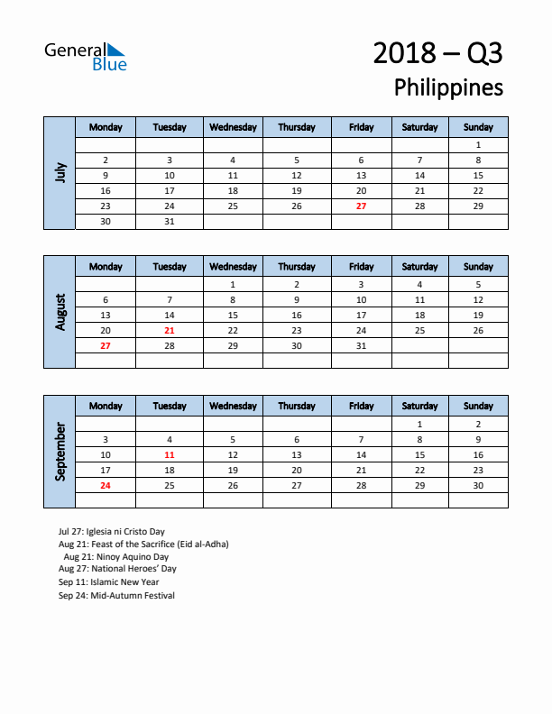 Free Q3 2018 Calendar for Philippines - Monday Start