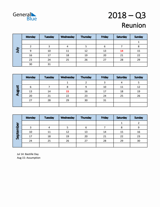 Free Q3 2018 Calendar for Reunion - Monday Start