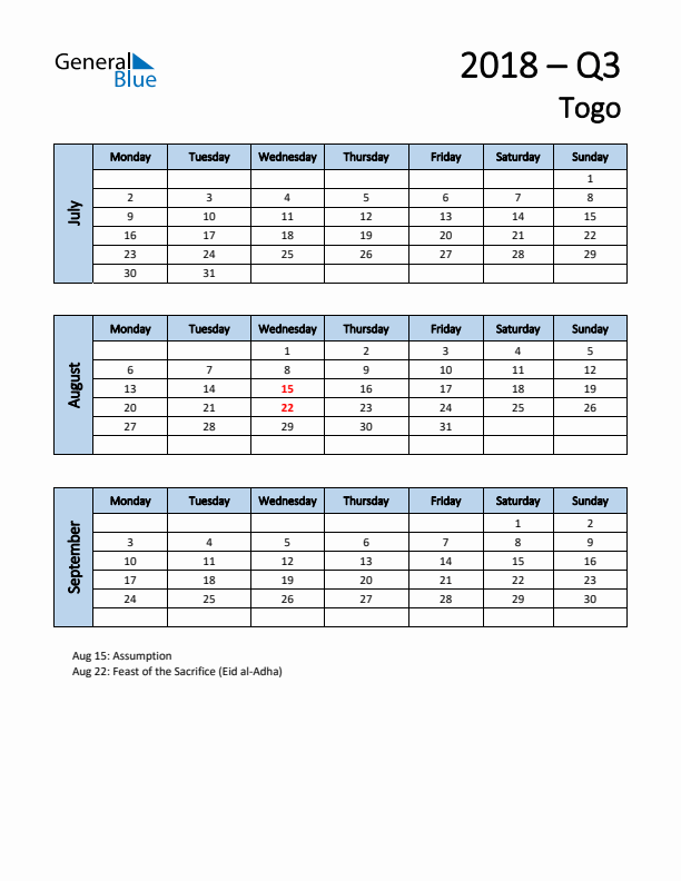 Free Q3 2018 Calendar for Togo - Monday Start