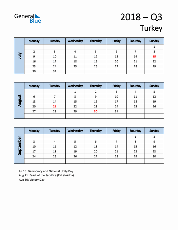 Free Q3 2018 Calendar for Turkey - Monday Start