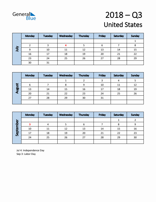 Free Q3 2018 Calendar for United States - Monday Start