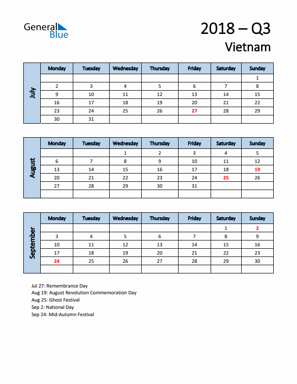 Free Q3 2018 Calendar for Vietnam - Monday Start