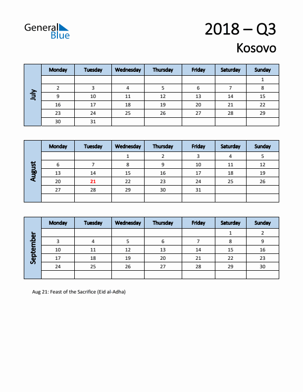 Free Q3 2018 Calendar for Kosovo - Monday Start