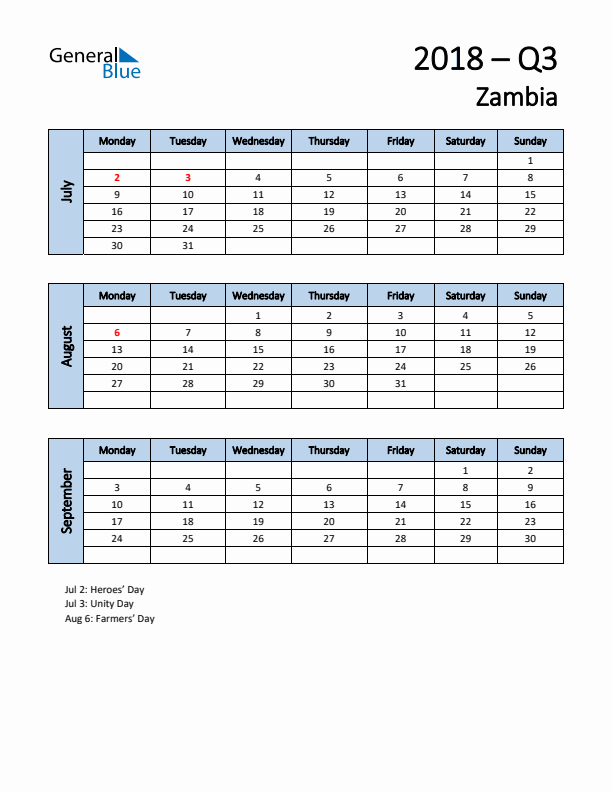 Free Q3 2018 Calendar for Zambia - Monday Start