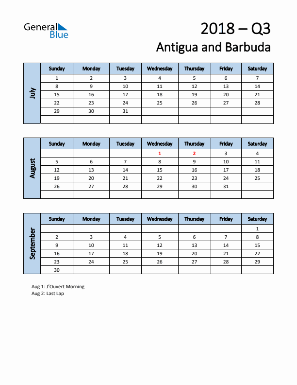 Free Q3 2018 Calendar for Antigua and Barbuda - Sunday Start