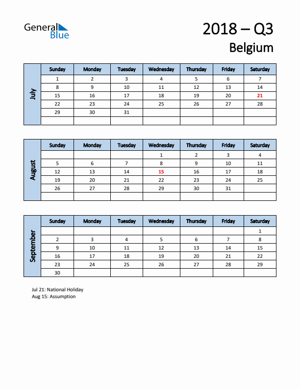 Free Q3 2018 Calendar for Belgium - Sunday Start