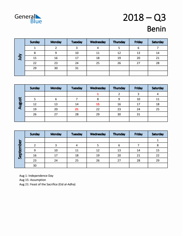 Free Q3 2018 Calendar for Benin - Sunday Start