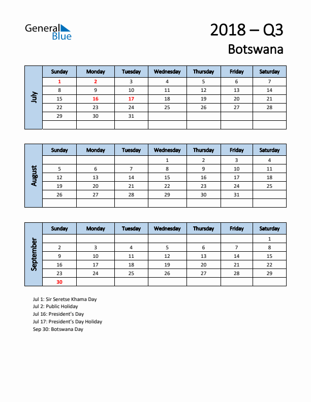 Free Q3 2018 Calendar for Botswana - Sunday Start