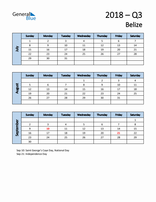 Free Q3 2018 Calendar for Belize - Sunday Start