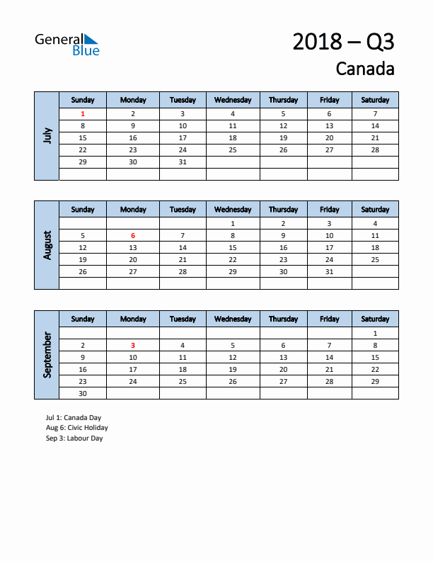 Free Q3 2018 Calendar for Canada - Sunday Start