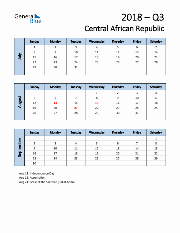Free Q3 2018 Calendar for Central African Republic - Sunday Start