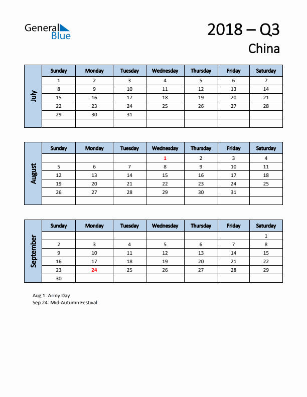 Free Q3 2018 Calendar for China - Sunday Start