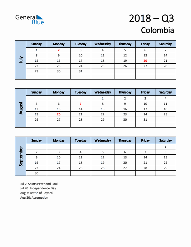 Free Q3 2018 Calendar for Colombia - Sunday Start