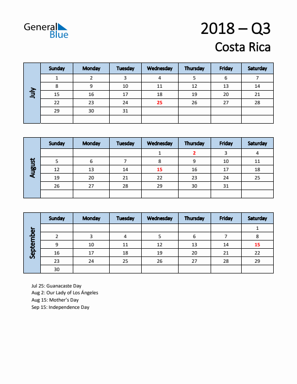Free Q3 2018 Calendar for Costa Rica - Sunday Start