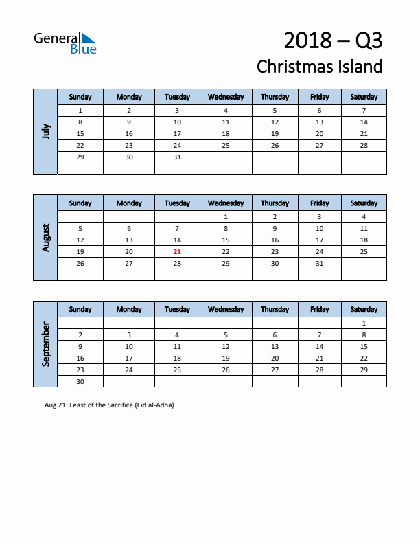 Free Q3 2018 Calendar for Christmas Island - Sunday Start