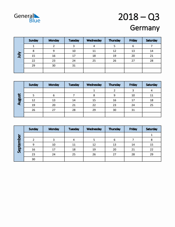 Free Q3 2018 Calendar for Germany - Sunday Start