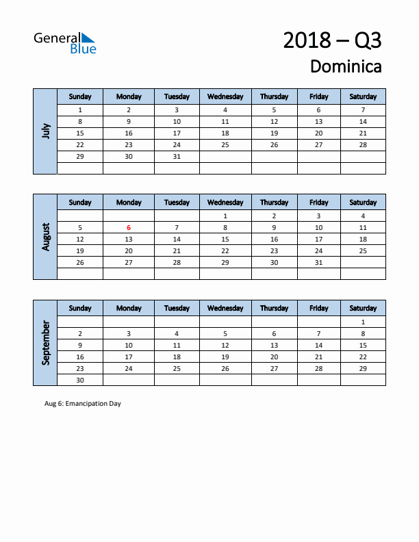 Free Q3 2018 Calendar for Dominica - Sunday Start