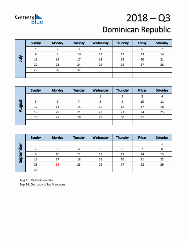 Free Q3 2018 Calendar for Dominican Republic - Sunday Start