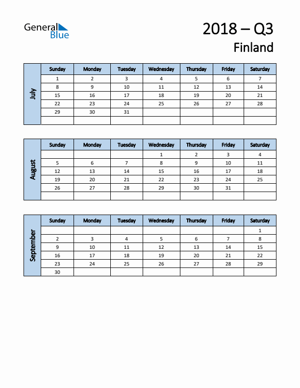 Free Q3 2018 Calendar for Finland - Sunday Start