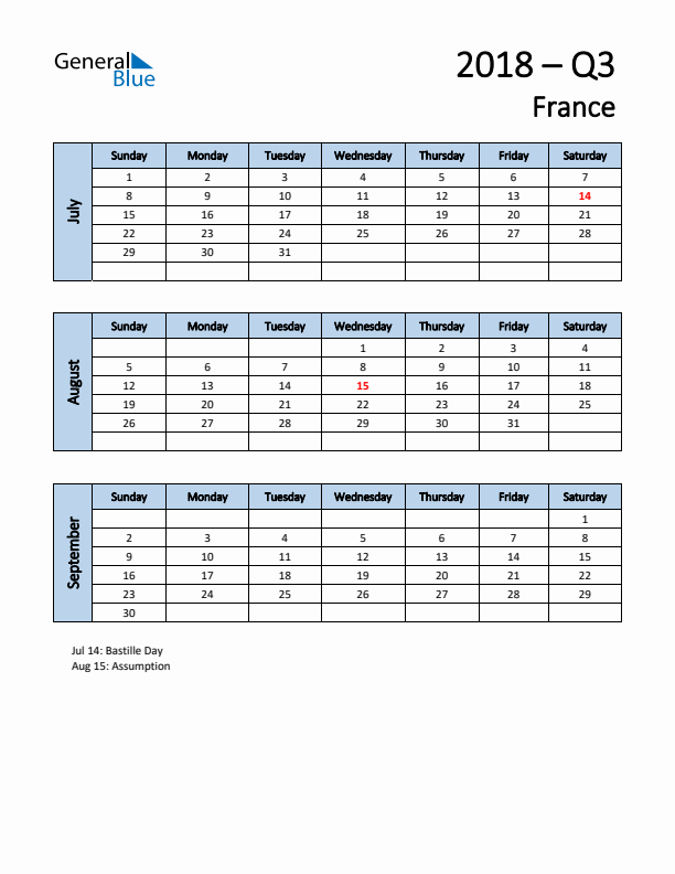 Free Q3 2018 Calendar for France - Sunday Start