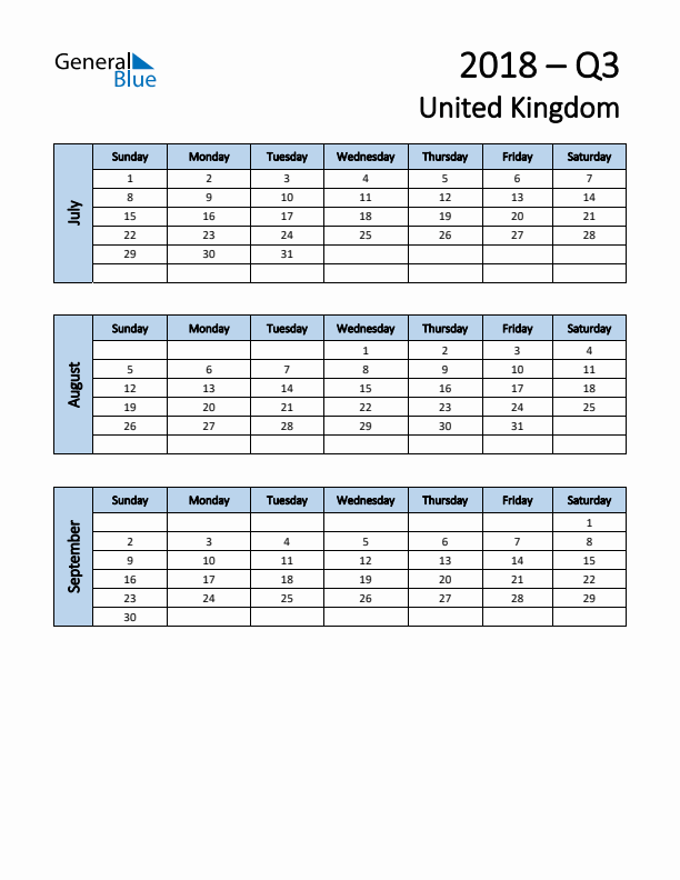 Free Q3 2018 Calendar for United Kingdom - Sunday Start