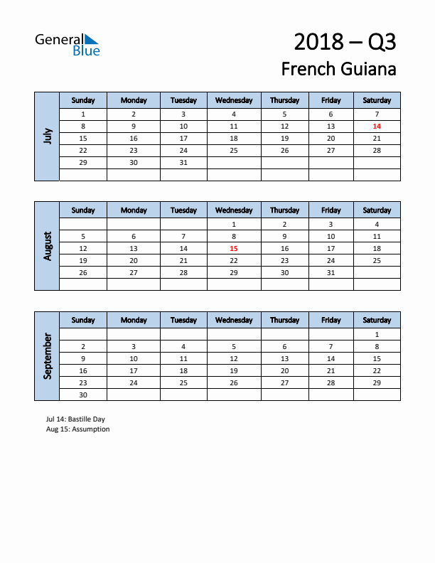 Free Q3 2018 Calendar for French Guiana - Sunday Start