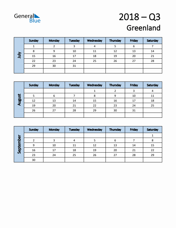 Free Q3 2018 Calendar for Greenland - Sunday Start