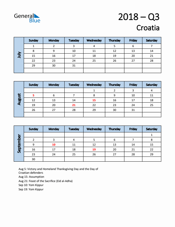 Free Q3 2018 Calendar for Croatia - Sunday Start