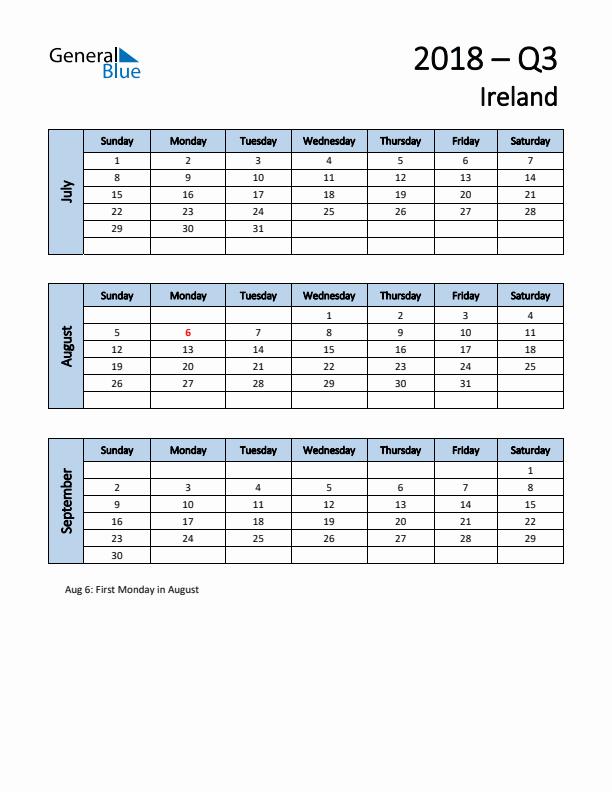 Free Q3 2018 Calendar for Ireland - Sunday Start