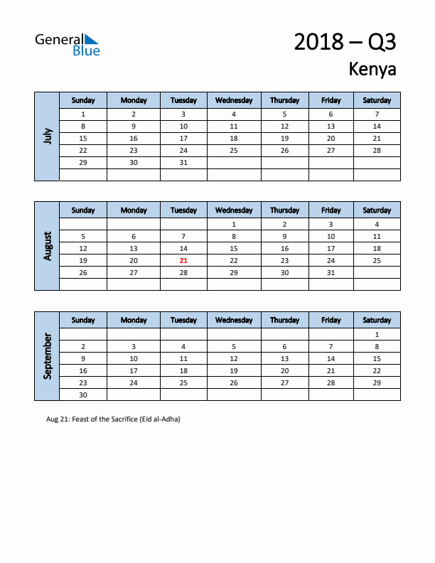 Free Q3 2018 Calendar for Kenya - Sunday Start