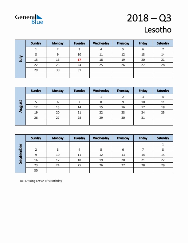 Free Q3 2018 Calendar for Lesotho - Sunday Start