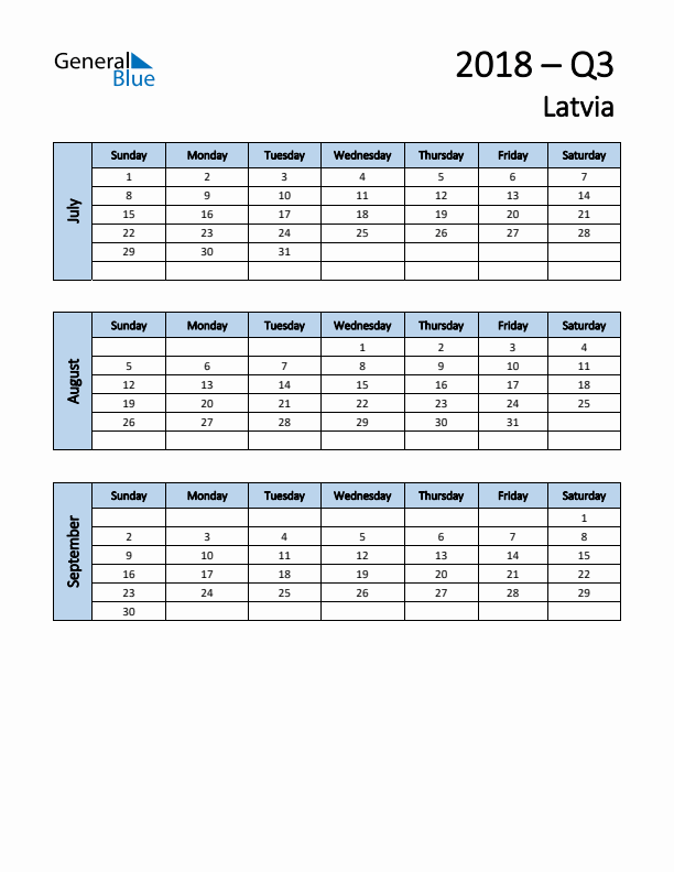 Free Q3 2018 Calendar for Latvia - Sunday Start