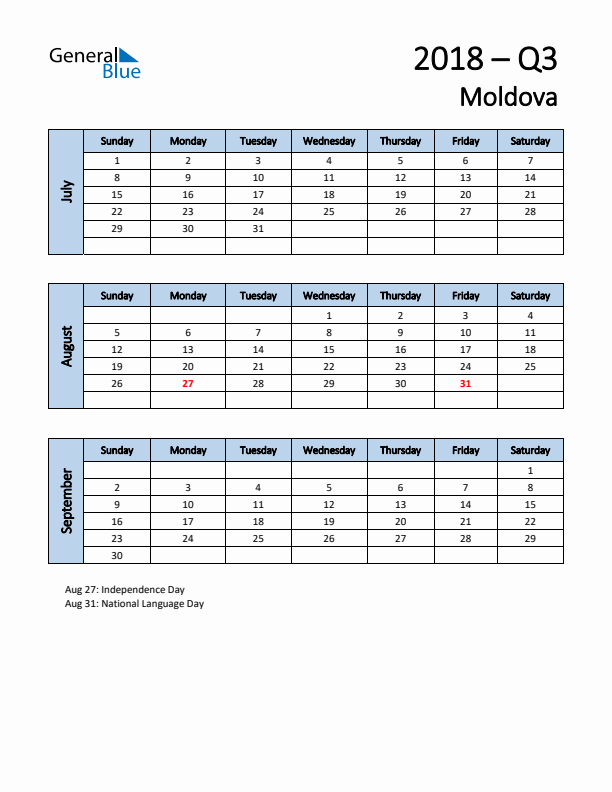 Free Q3 2018 Calendar for Moldova - Sunday Start
