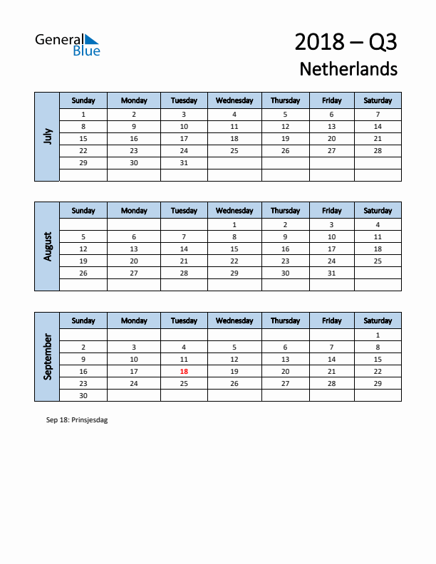 Free Q3 2018 Calendar for The Netherlands - Sunday Start