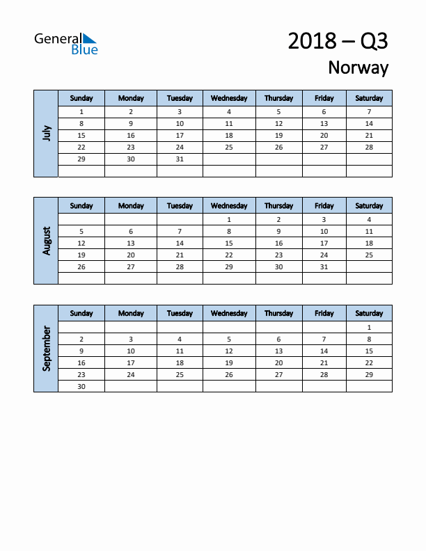 Free Q3 2018 Calendar for Norway - Sunday Start