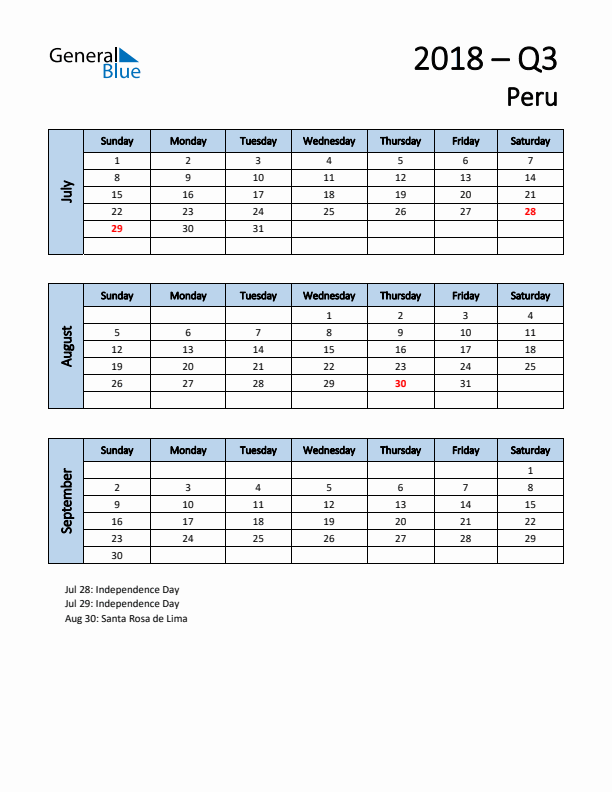 Free Q3 2018 Calendar for Peru - Sunday Start